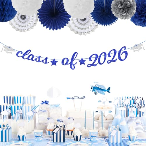 Image of Navy-Blue White-Silver Party-Decoration Graduation Banner - 14pcs Kits Cap Garland Streamers, Royal Paper Tissue Pom Poms Flowers Fans Honeycomb,Class Of 2026 College High School Grad Decor Hugfond