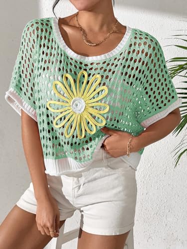 Crochet Tops for Women Floral Off Shoulder Hollow Out Pullover Sweaters 2025 Summer Swimsuit Knit Cover Ups2