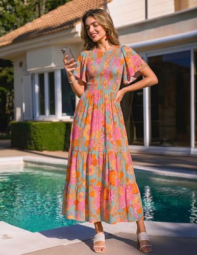 Image of ZESICA Women's 2026 Summer Boho Floral Maxi Dresses Casual Short Flutter Sleeve Smocked Tiered Flowy Dress