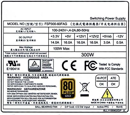 Specification label of the FSP FSP300-60FAG power supply, detailing model number, AC input, DC output voltages and currents, max wattage, and safety certifications.