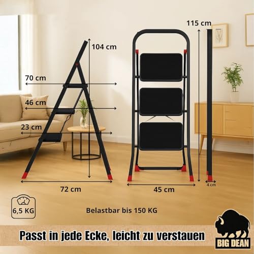 BigDean Trittleiter 3 Stufen klappbar Schwarz/Rot TÜV geprüfte Sicherheit Leiter bis 150 kg belastbar Tritt klappbar Haushaltsleiter Leiter 3 Stufen