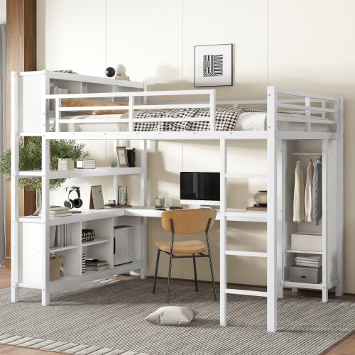 bellemave queen size loft bed with wardrobe and l-shaped desk, metal loft bed with storage cubes and shelves, heavy duty, white (incomplete box 1) 