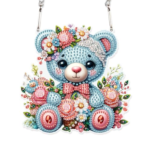 Image of DIY 5D Diamond Painting Hanging Kit Blue Bear Doll Pattern, Sparkling Diamond Art Kit for Adults, Diamond Art Pendant Ornament Craft for Wall, Door, Home and Garden Decor