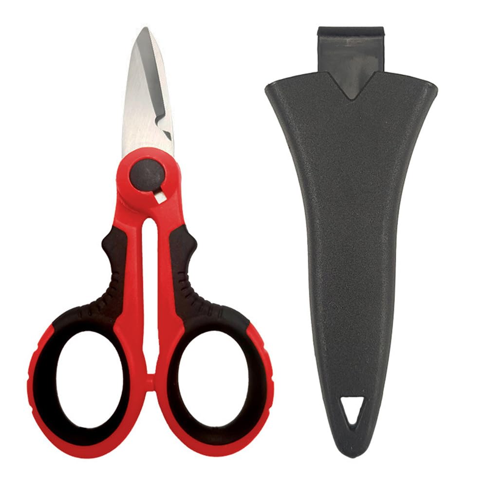 Electrician Scissors with Protective Cover, Heavy Duty Anti-Slip Fiber Cable Cutter, Fishing Line Scissors for Fishing Trimming, Wire Braid (1Pcs Red)