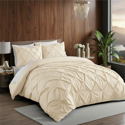 Image of Pinch Pleated Duvet Cover Set 1000TC 100% Cotton Premium 3-Pieces 1-Duvet Cover & 2-Pillow Cover Luxury Look Home and Hotel Zipper & 8-Tie Closure (Ivory, Double 90 X 100 Inch)
