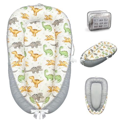 Baby Lounger for Newborn 0-24 Months, Baby Nest Cover Breathable and Soft Cotton, Infant Lounger with U-Shaped Safety Bumper for Cozy Comfort Essentials (Dinosuars)