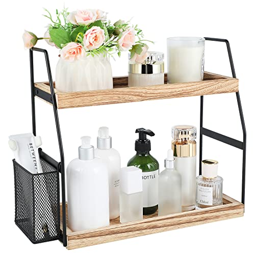 Bathroom Organizer Countertop, 2-Tier Standing Counter Shelf with Basket, Wood Tray for Kitchen Vanity Organizer