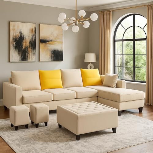 Image of CASASTYLE Texon 8 Seater Fabric RHS L Shape Sofa Set with 1 Centre Table & 2 Puffy (Yellow-Cream) Premium Velvet Finish | Comfortable Sectional Sofa for Living Room