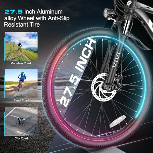 Vivi Electric Bike for Adults, 27.5" Big Tire Shock Absorption E Bicycle 500W Mountain Bicycle with 48V 10.4AH Removeable Battery, 50 Miles, Disc Brake, Mountain Adult Bike, Certified UL 2849 - Image 4