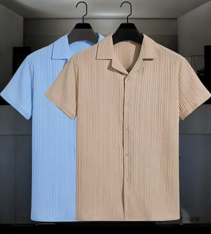 Image of Men's Textured Short Sleeve Button Down Shirt, Collared Pack of 2