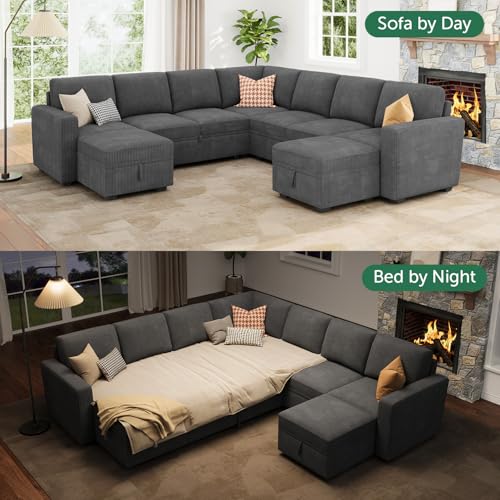 Image of HONBAY Modular Sectional Sleeper Sofa with Pull Out Couch, Corduroy Oversized Sectional Couches Pull Out Bed with U Shaped Sleeper Storage for Living Room - Dark Grey