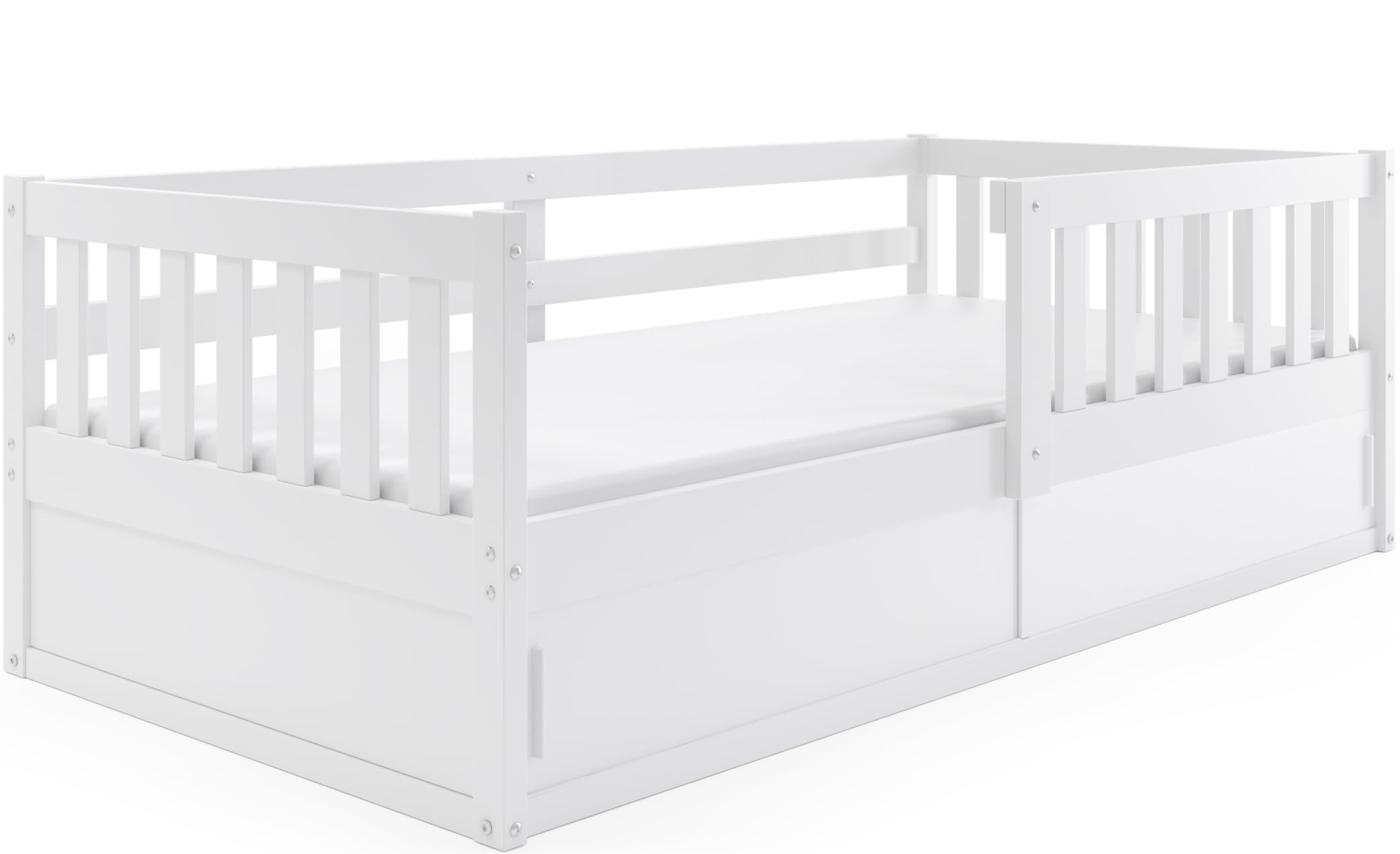 Interbeds Kinderbett 80x160 cm aus Holz in Weiß mit Rausfallschutz – Montessori Bodenbett mit Schutzbarriere und Stauraum, Kinderbett für Jungen und Mädchen, Naturholz Smart (weiß)