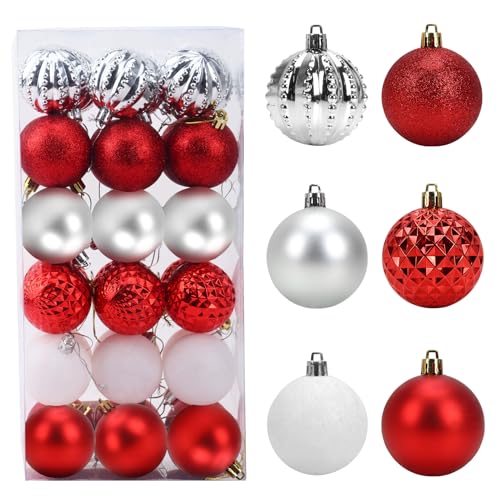 CEWOR 36pcs Christmas Ball Ornaments Shatterproof Plastic Ball 6 Styles Red/White/Silver 2.36"(60mm) Present for Xmas Trees, Home Party, Festival and Wedding Party
