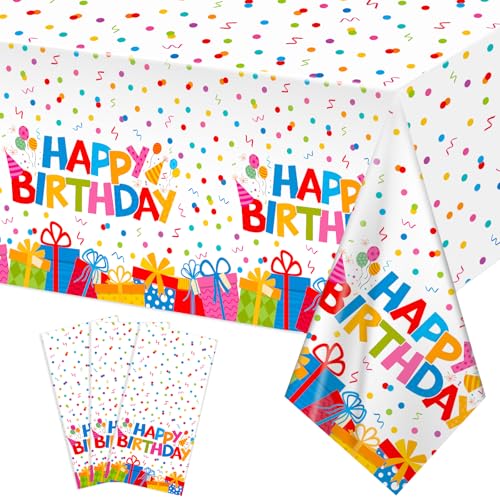 NatNarr 3 Pack Plastic Birthday Tablecloth, 54 x 108 Inch Disposable PE Happy Birthday Tablecloth Waterproof Rectangle Birthdays Party Table Cover for Birthdays Party Decorations