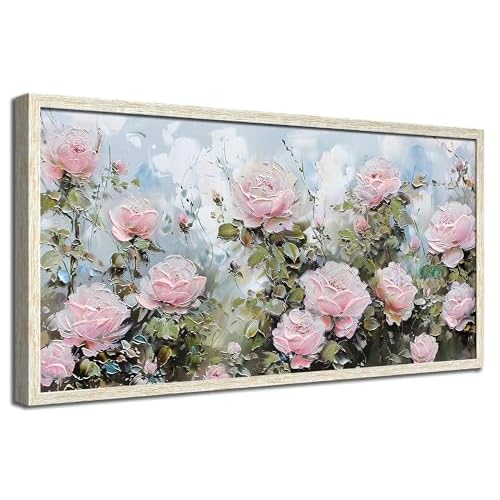 Ardemy Pink Rose Wall Art Canvas for Living Room, Flower Painting Modern Textured Floral Bedroom Picture Artwork Framed Home Office Kitchen Decor, Large 40"x20" 40"L x 20"W Pink flower