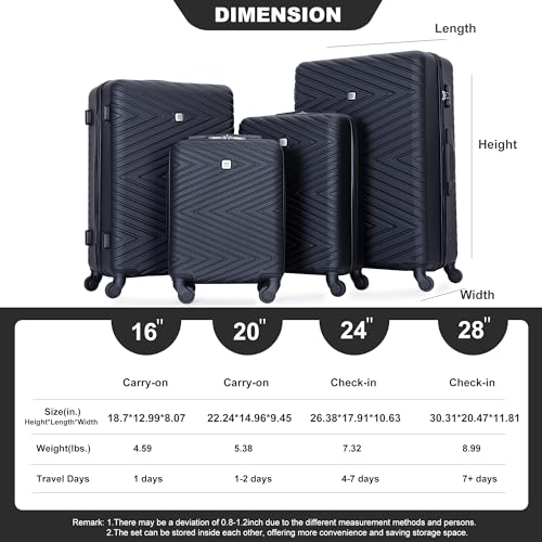 Image of Travelhouse 4-Piece Hardside Luggage Set with Spinner Wheels & TSA Lock | Lightweight ABS hardside set: 16 inch personal item + 20 inch carry-on + 24 inch + 28 inch checked