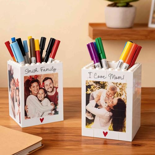 Porte-crayons personnalisé en briques avec texte et images personnalisés - Organiseur de bureau créatif - Boîte à crayons - Cadeau pour homme, femme,...