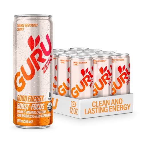 Image of GURU Zero Sugar Energy Drink,Orange Raspberry Sorbet Organic Sparkling Energy Drink with 140 MG Natural Caffeine & Coconut Water for Workouts, Performance & Midday Boost, Gluten Free, Vegan, 12 Fl Oz, 12 Pack