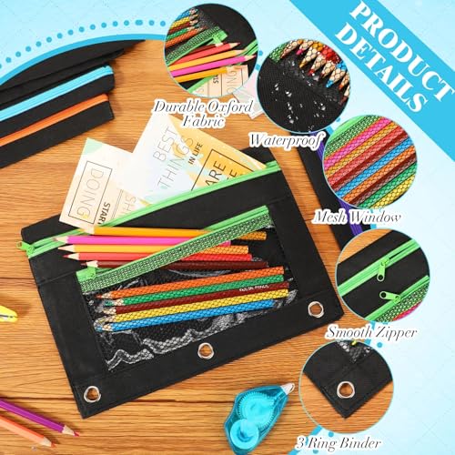 Image of Zhehao 200 Pcs Pencil Pouches for 3 Ring Binder, Bulk Zipper Pencil Pouch Pen Case with Mesh Window Cloth Double Pocket 3 Hole Bag for Storing School Office Supplies (Black)