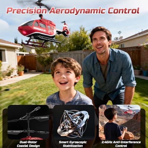 DEERC Remote Control Helicopter, Rescue RC Helicopter Toy with LED Lights, 2 Batteries, Altitude Hold & 2.4GHz Stable Control, Realistic Rescue Design, Ideal Gift for Kids and Adults