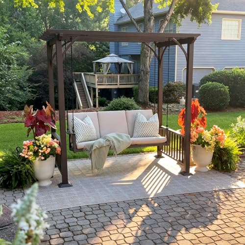 Image of PURPLE LEAF 3-Seat Porch Swing with 12 Clear LED Lights Outdoor Metal Pergola Swing Hanging Cloud Swing Chair for Backyard Garden Patio Hammock Swinging, Cushion and Pillows Included, Coffee