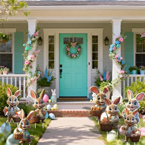 8 Stück Ostern Hof Schild für Gartendeko, Osterhasen Gartenstecker, 2D Ostern Werbeschilder, groß Osterdeko Outdoor, Ostereiersuche, frühlingsdeko draußen, Osterns Deko für Garten Rasen Yard (8 Stück)