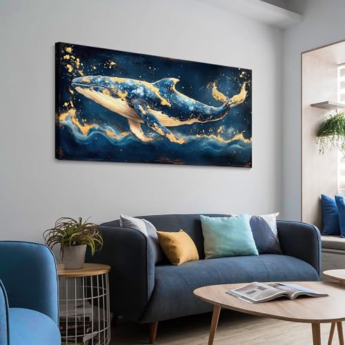 JEAWA Large Canvas Wall Art, 24x48 IN Ocean Blue Whale Animal Pictures Print Hand-drawn Gold Foil Texture Cool Wall Painting for Living Room Bedroom Kitchen Study Home Posters Decor