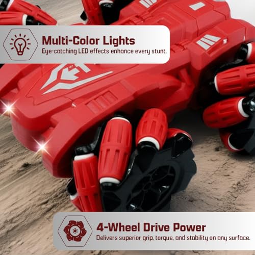 Image of Remote Control Drift Stunt Car 4WD | 360 Rotating | Dual Sided Climbing | High-Speed Tumbling | Rechargeable Stunt Car | C-Type Charging | Remote Control Car for Kids | Made in India. (Red)