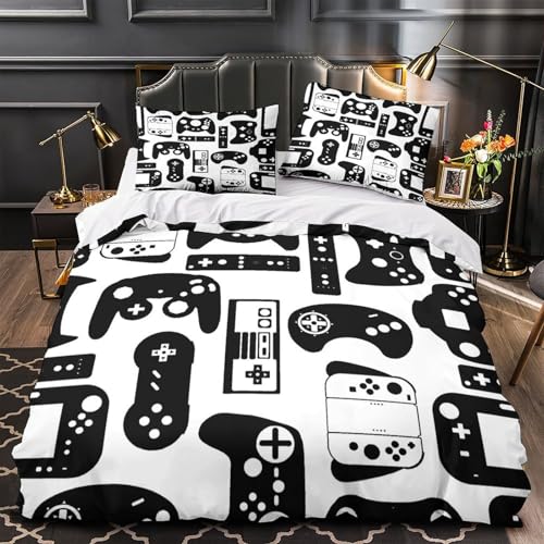 Controladores de videojuegos Funda de Edredón Cremallera Oculta 3 Piezas Suave Impresión 3D con Fundas de Almohada Antialérgica Vector en blanco y negro Funda Edredon for jóvenes Single（140x200cm）