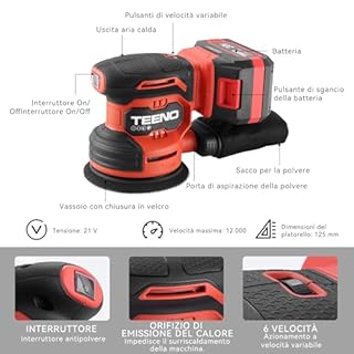 TEENO Levigatrice orbitale senza fili 20 V, levigatrice eccentrica 125 mm, 6000-12000 giri/min, kit completo di 25 carte di vetro, batteria 4,0 Ah e sistema di aspirazione