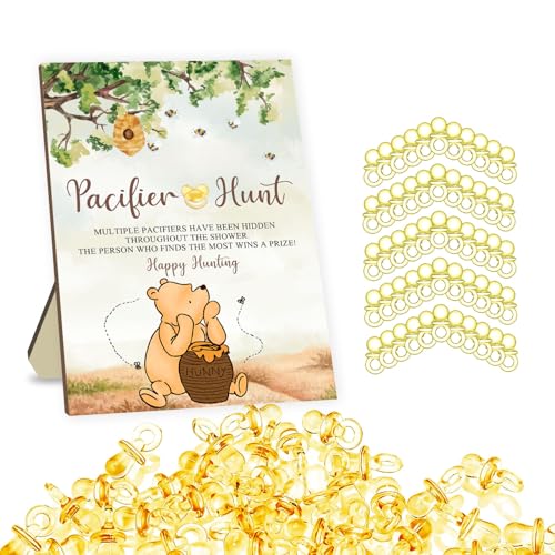 Image of Winnie Pacifier Hunt Sign for Baby Shower Game, 50Pcs Yellow Mini Pacifiers Decor for Baby Shower, the Pooh Baby Shower Party Games, Happy Hunt Party Games Set