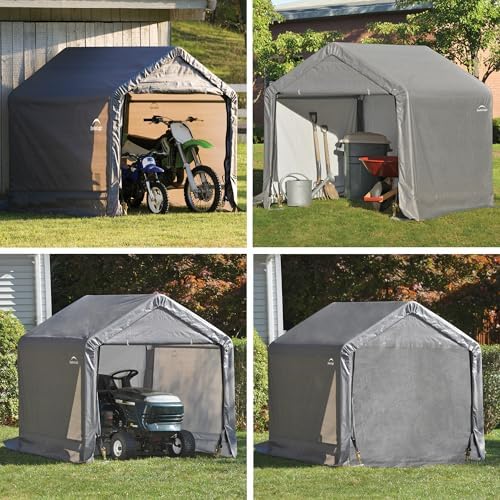 ShelterLogic 6' x 6' Shed-in-a-Box All Season Steel Metal Peak Roof Outdoor Storage Shed with Waterproof Cover and Heavy Duty Reusable Auger Anchors, Grey - 1