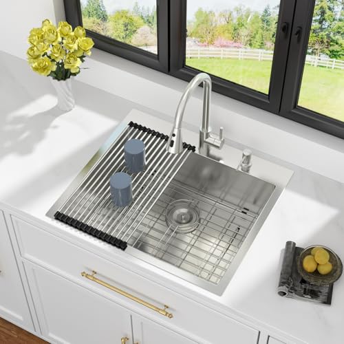 Image of Kichae 25 Drop In Kitchen Sink with Faucet Combo - Stainless Steel Sinks 25 x 22 Inch Topmount Overmount Single Bowl Handmade Basin with Accessories