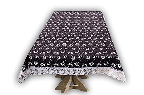 Image of The Furnishing Tree Waterproof PVC Rectangle Shaped Center Table Cover WxL 40x60 inches Floral Pattern Dark Brown with White Border lace