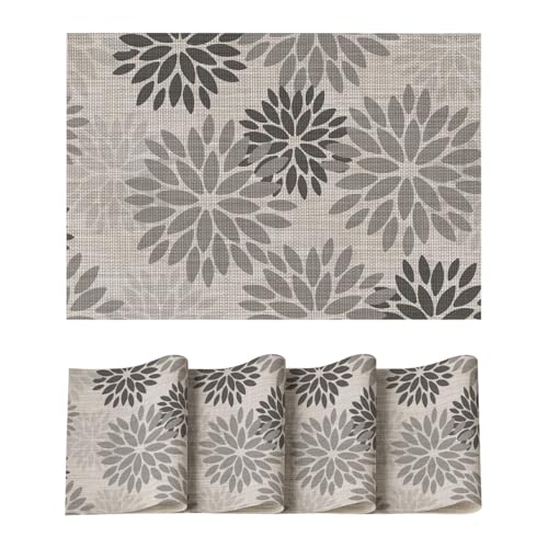 Artoid Mode Floral Vinyl Plastic Placemats Set of 4, 12x18 Inch Washable Non-Slip PVC Place Mats for Party Kitchen Dining Decor, Grey