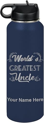 Miniatura 63 de LaserGram Botella de agua personalizada, el tío más grande del mundo, acero inoxidable de doble pared aislada al vacío con popote superior, regalo
