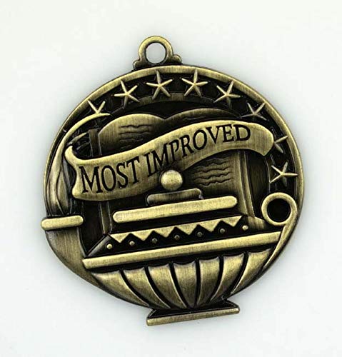 Express Medals Most Improved Gold Medals Trophy Award with Neck Ribbons APMG-749 - (Pack of 10)