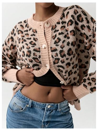Image of BEAUDRM Women's Leopard Print Cardigan Button Front Cardigan Sweaters Crew Neck Drop Shoulder Long Sleeve Knit Tops Apricot Medium