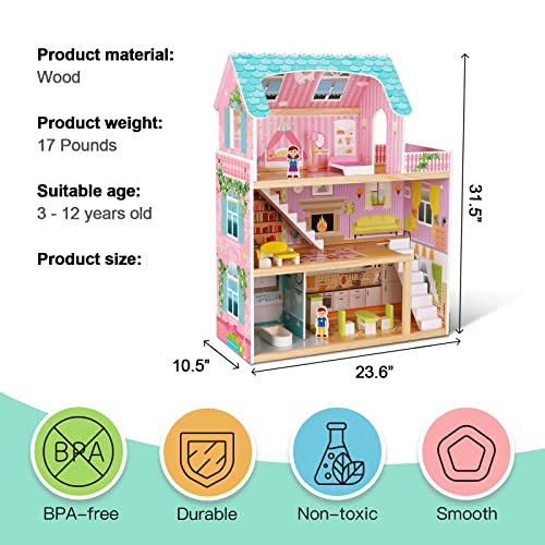 Tookyland Doll House 2.6 Feet High Wooden Dollhouse With 15 Pieces Furniture, Barbie Playhouse For Kids #TOP5