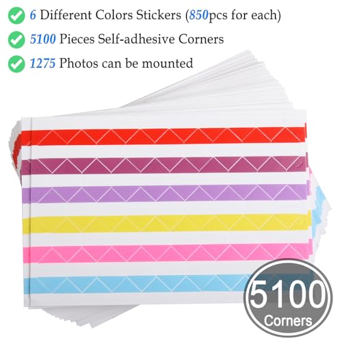 ADVcer 50 Sheets Self Adhesive Photo Corners - Hold 1275 Photos - 6 Colors 5100 pcs Photo Mounting Corner Stickers for Polaroid, Instax Foto of DIY Picture Scrapbook and Recollections Photo Album
