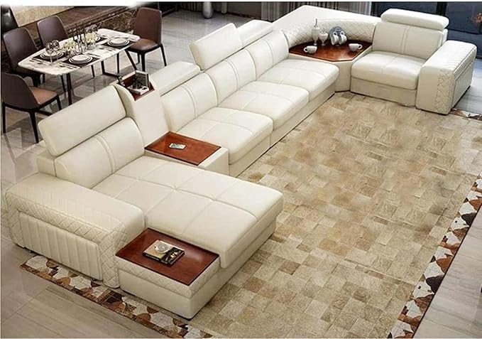 Taxzek Modular Sectional U-Shpe 3+2-Seater +Lounger Sofa Set with, Beige Color Leather, 7-Piece Without Centre Table