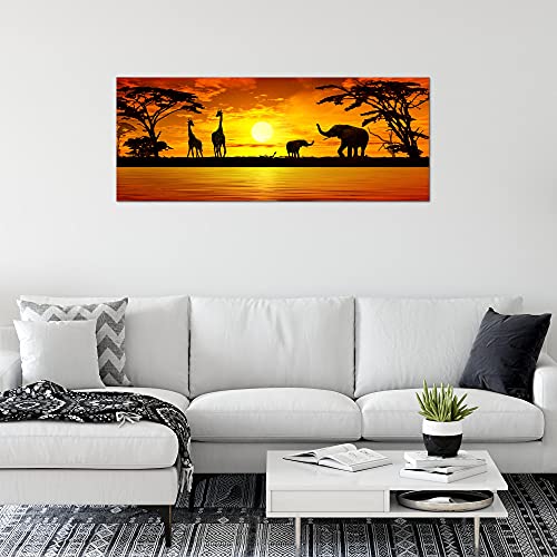 Runa Art Wandbild Afrika Sonnenuntergang 1 Teilig 100 x 40 cm Modern Bild auf Vlies Leinwand Giraffe Elefant Wohnzimmer Schlafzimmer Orange 000212a