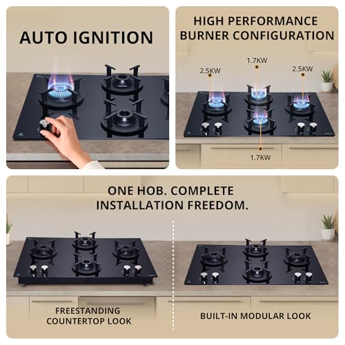 Image of Elica 70cm 4 Burner Auto Ignition Hob | RG FLEXI 470 LOTUS IND HD BRASS | SABAF Brass Burners | Built-in & Freestanding | Toughened Black Glass | 10-Year Burner & 5-Year Glass Warranty