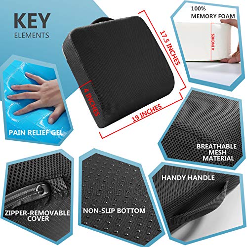 Youfi Extra Thick Large Seat Cushion -19 X 17.5 X 4 Inch Gel Memory Foam Cushion With Carry Handle Non Slip Bottom - Pain Relief Coccyx Cushion For Wheelchair Office Chair (Black (1Pack)) #TOP1