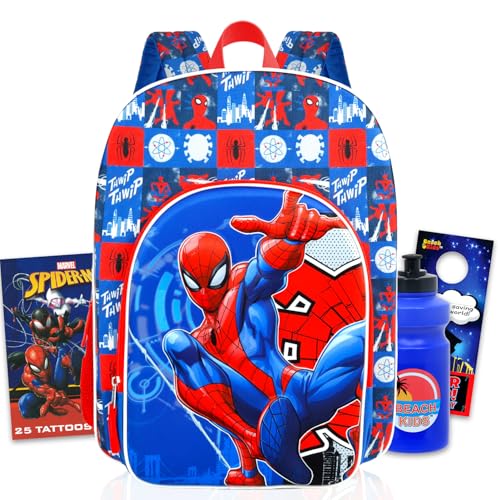 Mochila Homem-Aranha com bolso frontal – Pacote com mochila Marvel de 40,6 cm, garrafa de água, tatuagens e mais | Mochila escolar do Homem-Aranha para meninos, crianças