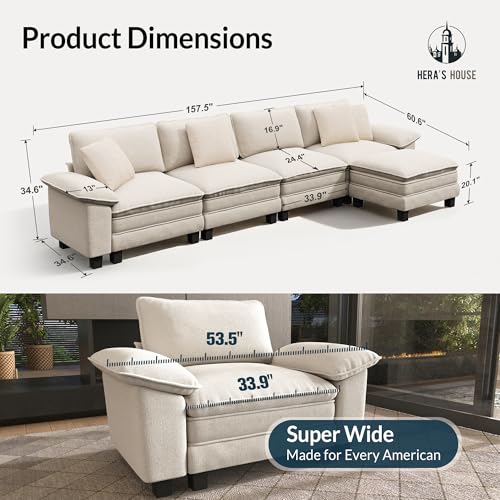 Image of HERA'S HOUSE 158 inch Oversized Modular Sectional L Shaped Sofa,Chenille Beige | 5-Seater Living Room Couches, Wider Armrest and Deep Seat, Comfy Cloud Couch with Ottoman, Wood Sturdy Frame
