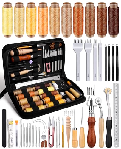 SOCNITC Leather Working Tools for Beginners, Leather Craft Kit, Leather Sewing Kit with Waxed Thread Awl Stitching Punch for Leathercraft Adults