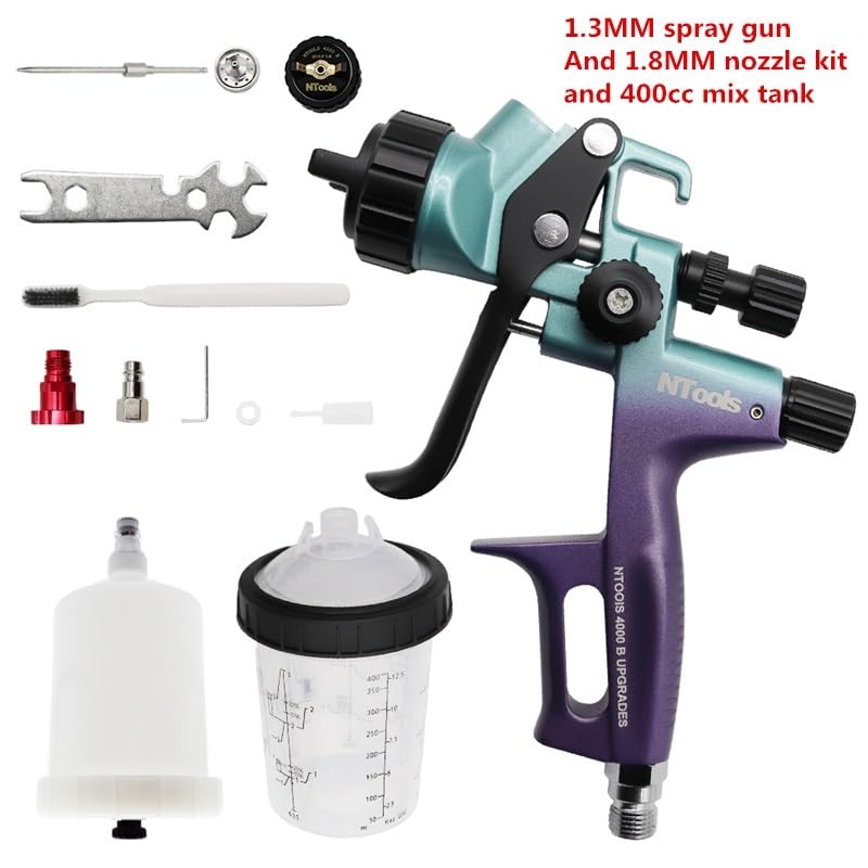 Dysza pistoletu natryskowego 1,3 i 1,8 mm ze zbiornikiem mieszającym 400 cm3 i adapterem Pistolet lakierniczy samochodowy Pistolet natryskowy do lakieru HVLP 4000B Malowanie DIY(HVLP)