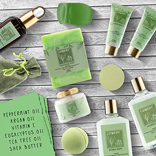 Tea Tree Bath Set - Luxury Home Spa Set With Calming Mint Fragrance – 15 Pc Relaxation Gift Basket With Tea Tree Bath Oil,Shower Gel, Bubble Bath, Handmade Soap, Steamer Tablet, Potpourri & More #TOP6