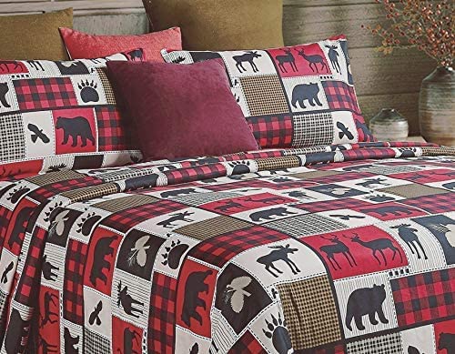 4-Piece Queen-Size Bed Sheet Set - Lodge Life - Lodge Themed Bedding By Virah Bellah - Red, Black #TOP2